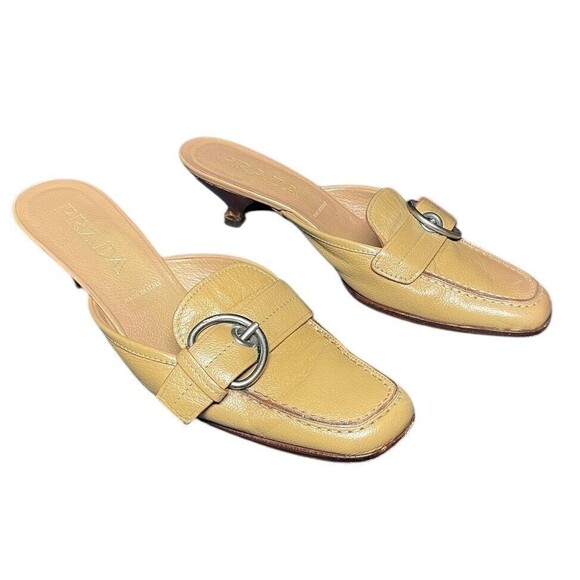 Vintage PRADA 2000’s Tan Pumps Kitten Heels Mules Size 36.5 Y2k Buckle - Picture 1 of 16